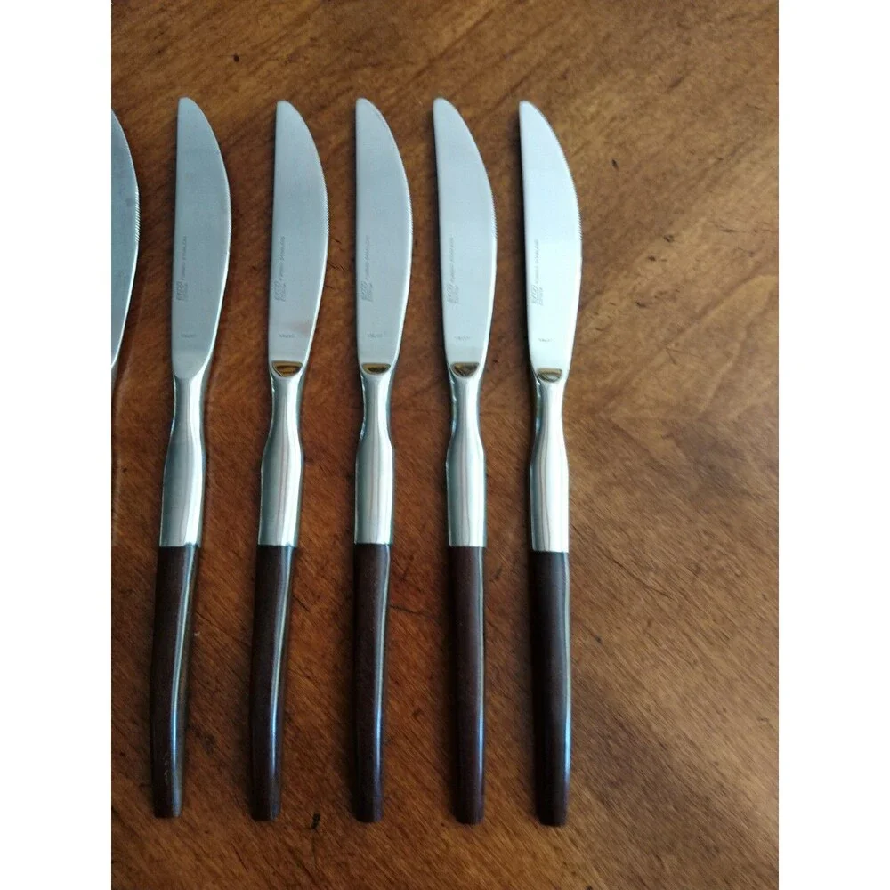 Lot 8x Dinner Knives Ekco Eterna La Joya Stainless Faux Wood MCM EKS14 8.8